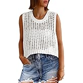 Fisoew Womens Summer Crochet Tank Tops Sleeveless Scoop Neck Loose Knit Sweater Vest Boho Hollow Out Beach Cover Ups