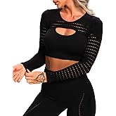 FITTOO Women's Long Sleeves Croped Workout Tops Eyelet Sports Shirts Black S