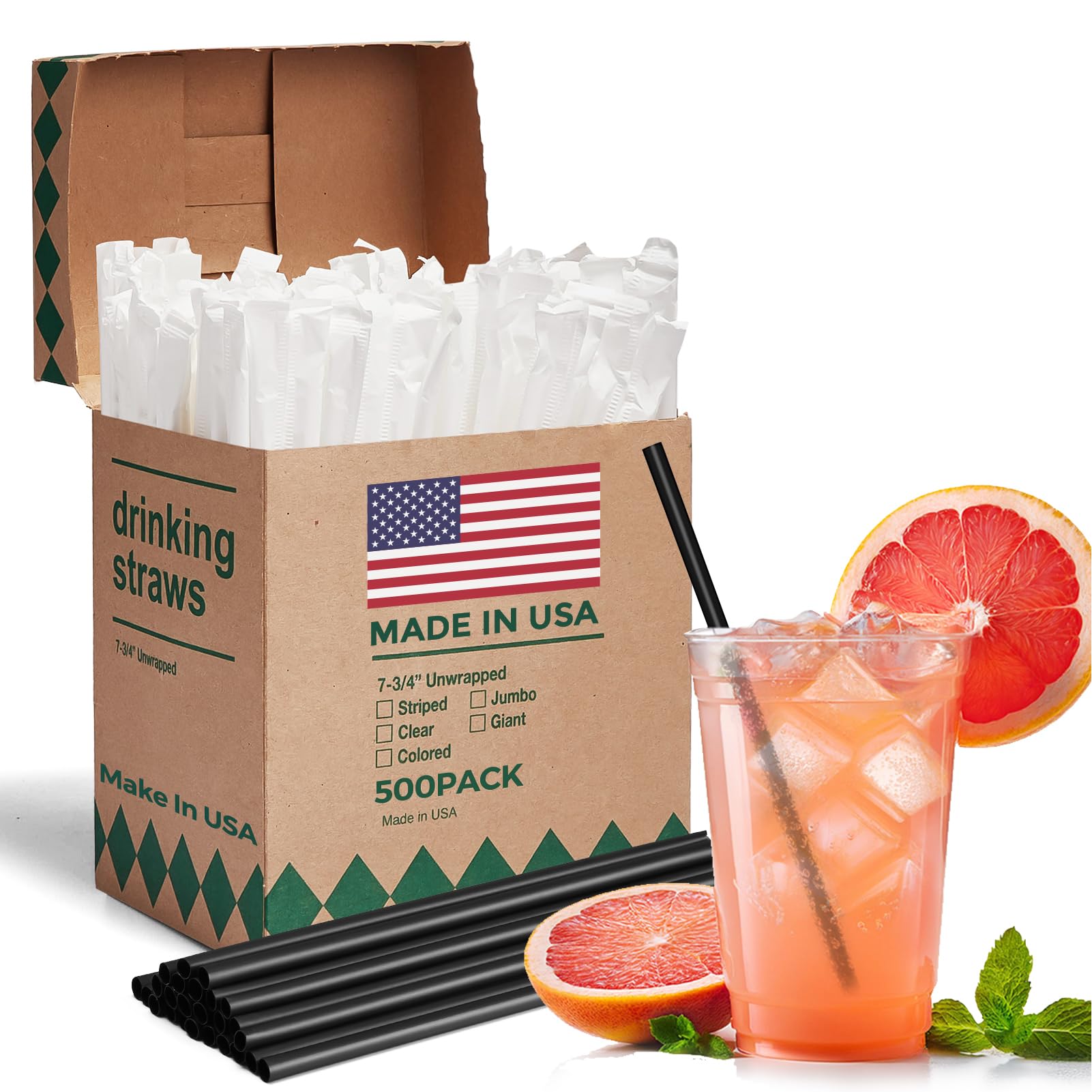 Photo 1 of Glotoch Express 500 PCS Individually Wrapped Black Plastic Straws, 7.75'' Long, 0.24'' Diameter Disposable Drinking Straws for Every Occasion, Party, Made in USA