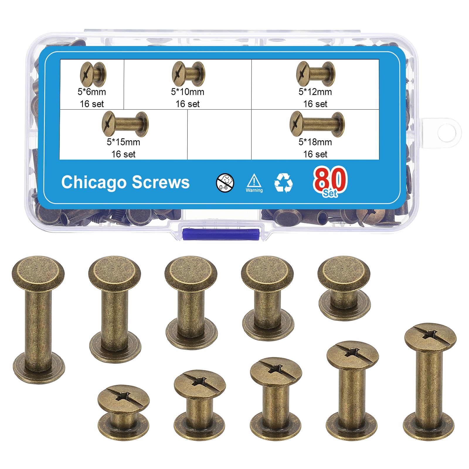 PATIKIL 160Pcs Chicago Screws, M5 x 6/10/12/15/18mm Carbon Steel Chicago Screw Phillips Binding Post Screw Rivets for Leather Belt Scrapbook, Bronze