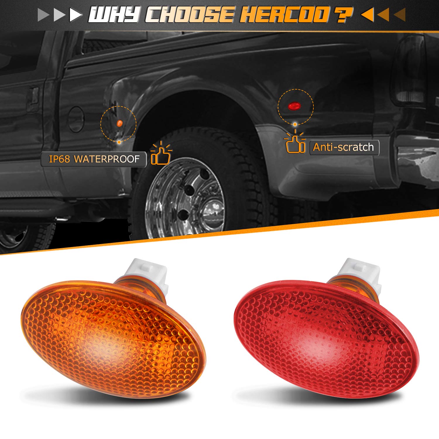 HERCOO Dually Bed Fender Side Marker Lights W/LED Bulbs Aftermarket