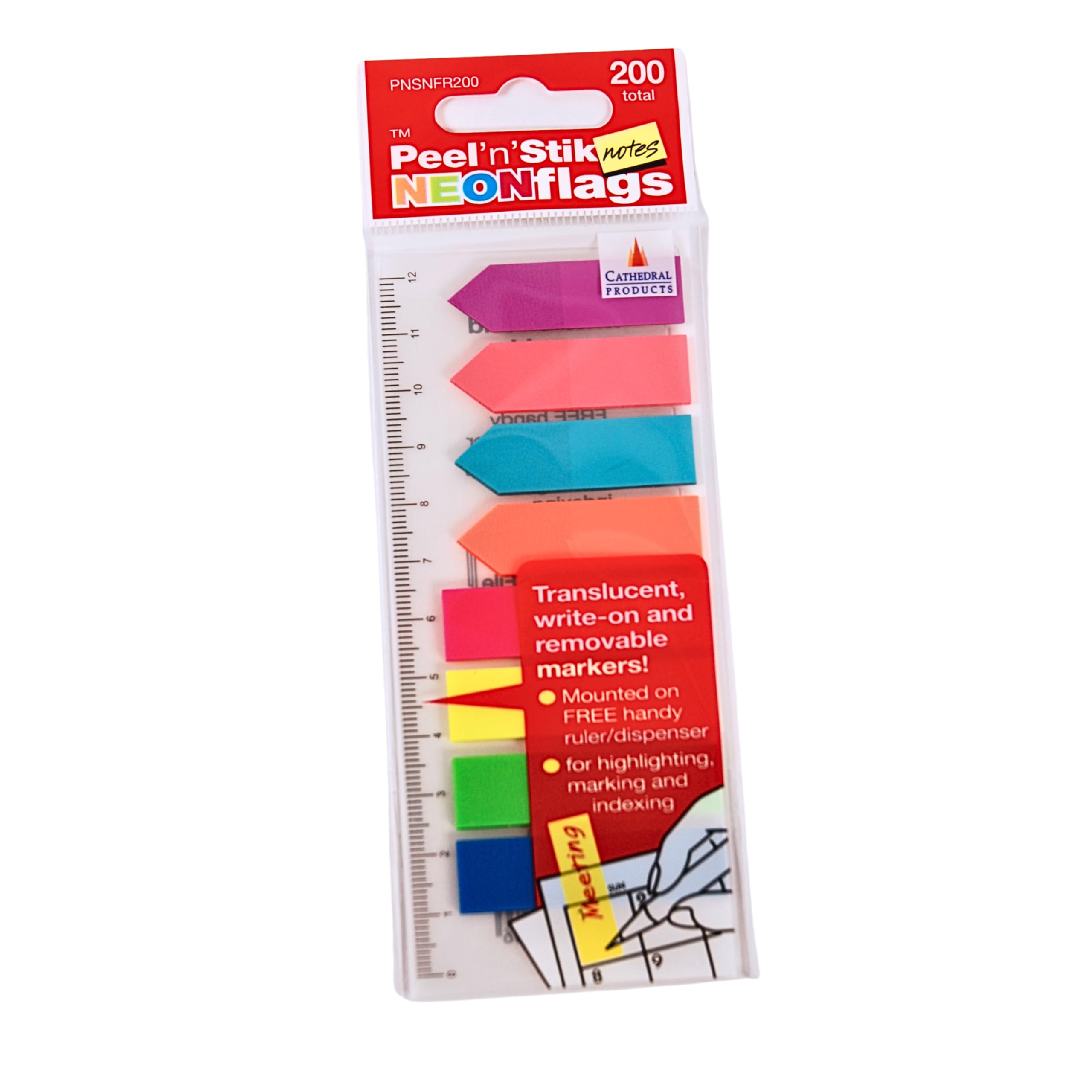 Cathedral Products Repositionable Neon Index Tabs with Guide 45mm x 12mm | Pack of 200 | Assorted Colours | Includes Clear Rule for Easy Positioning