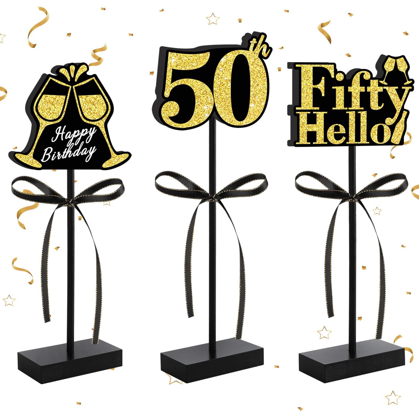 Photo 1 of BAOOOFUL 50th Black Gold Glitter Centerpieces for 50th Birthday Table Decorations,Wood Signs Happy Fifty Years Old B-Day Table Topper for Men and Women Birthday Party Supplies (3 Pcs)