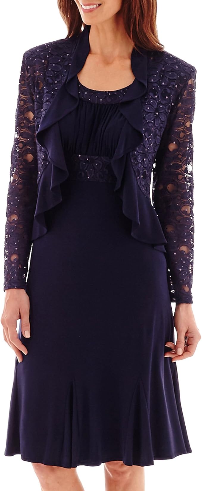 r&m richards sequined lace belted gown and jacket