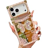 HALATUA Cute Compatible with Phone 17 Pro Max Case, Luxury Bling Butterfly Foldable Stand Kickstand for Women & Girls, Mirror Lace Flexible Shockproof Protective Case (Pink)