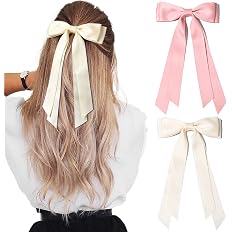 2PCS Silky Satin Hair Bows Hair Clip Beige Pink Hair Ribbon Ponytail Holder Accessories Slides Metal Clips Hair Bow for Women