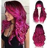 Ombre Rose pink Long Wavy Wig 28 Inch Middle Part Wavy Synthetic Wigs for Women Natural Looking Heat Resistant Fiber Wig for Daily Party Use
