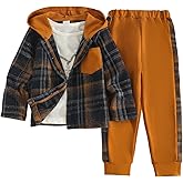 Azmxynol Boys Clothes Plaid Hooded Shirt 2pcs Outfit, Button Front Toddler Fall Winter Hoodie & Sweatpants Set, 4-8 years