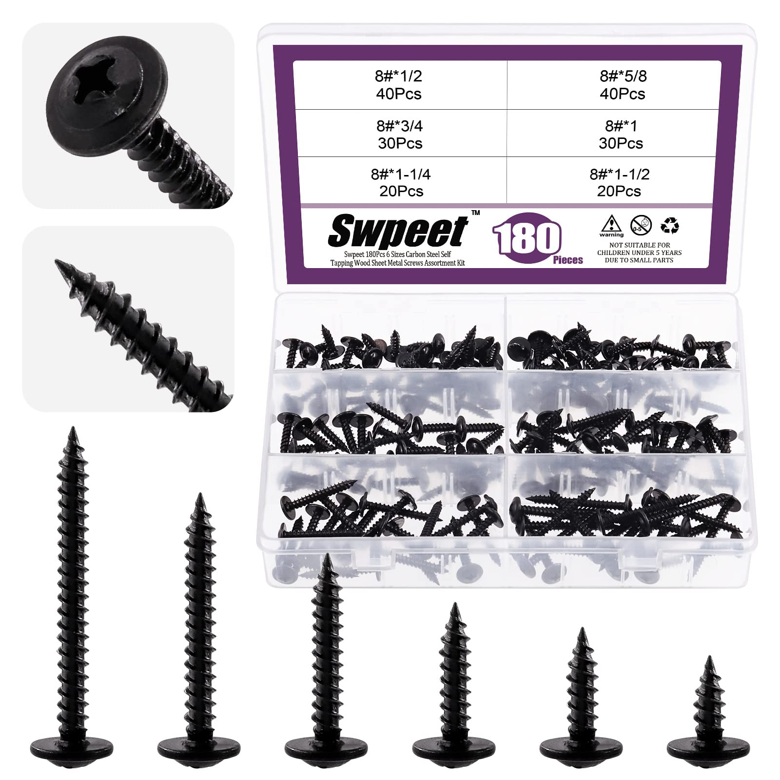 Swpeet 180Pcs 6 Sizes #8 x 1/2", 5/8", 3/4", 1", 1-1/4", 1-1/2" Phillips Modified Truss Head Wood Screws Assortment Kit, Black Phosphate Steel Self Tapping Sheet Metal Screws Self-Drilling Screws