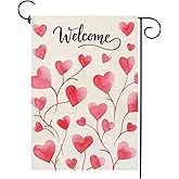 Welcome Valentines Love Hearts Garden Flag 12x18 Inch Double Sided for Outside Small Burlap Red Holiday Party Yard Outdoor Decorations