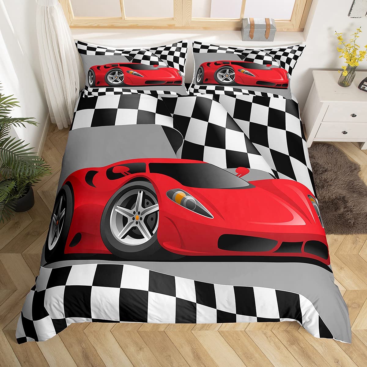Loussiesd Red Racing Car Comforter Cover for Kids - Extreme Sports Duvet Cover & Linen - Black and White Grid - Single Size