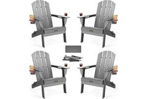 CARAUCI Folding Adirondack Chair Set of 4, Wooden Textured Plastic Adirondack Chairs with 2 Cup Holder, Weather Resistant HDPE Fire Pit Chair, Outdoor Patio Chairs for Garden, Backyard, Lawn, Deck, Grey