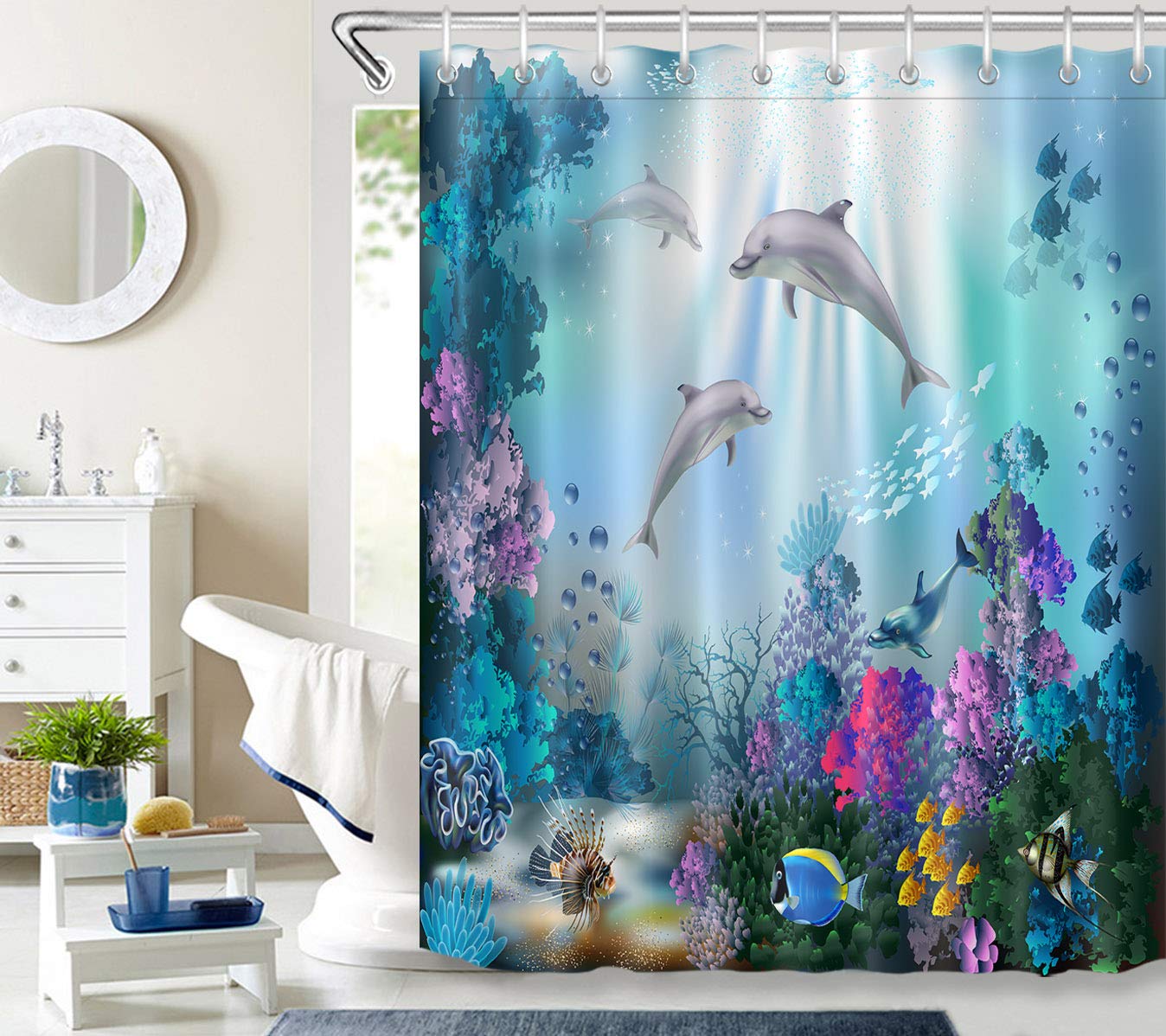 LB Dolphin Shower Curtain 94" W X 69" H Blue Ocean,Tropical Fish,Colorful Coral Bath Curtains with Hooks,Extra Wide Anti Mould Polyester Fabric Waterproof Bathroom Curtain