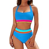 Blooming Jelly Womens High Waisted Bikini Sets Tummy Control Modest Two Piece Swimsuit Retro Sporty Color Block Bathing Suit