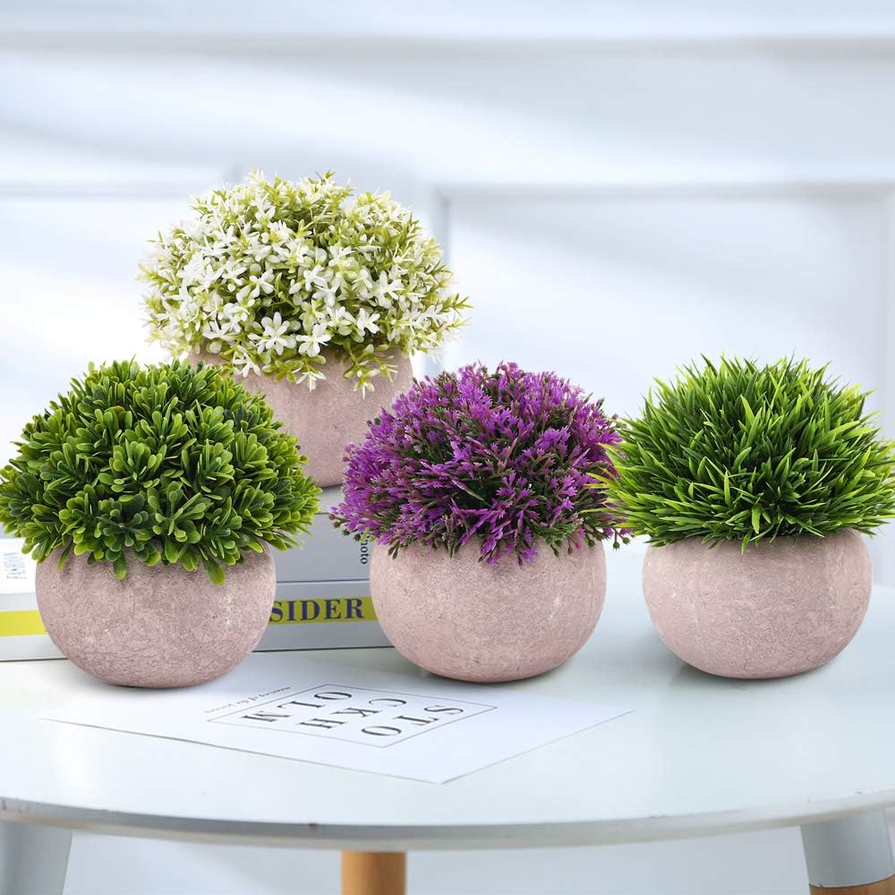 CEWOR 4 Packs Artificial Mini Potted Plants Plastic Faux Topiary Shrubs Fake Plants for Room Office Desk Decoration -