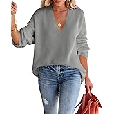 Imily Bela Womens Oversized Deep V Neck Sweaters Sexy Long Sleeve Tunic Sweater Knitted Dressy Pullover Jumper