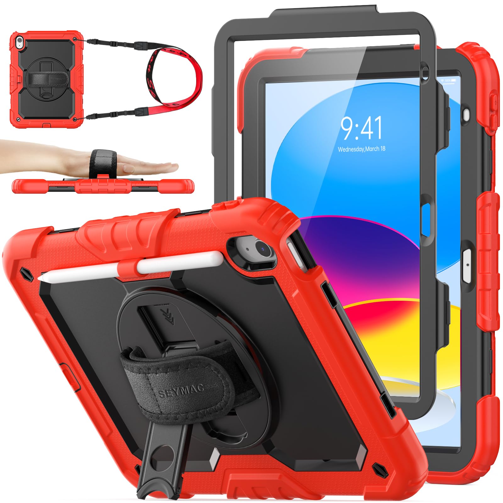 SEYMAC stock Case for iPad A16 11th/10th Generation (11/10.9 Inch) 2025/2022, Heavy Duty Shockproof with Screen Protector, 360° Rotating Stand/Hand Strap, Pencil Holder & Shoulder Strap, Red