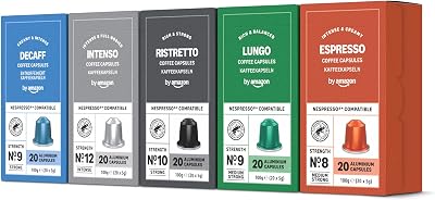 Capsules de café Paquet Varié compatibles avec Nespresso, Torréfaction Moyenne, Capsule en Aluminium, 100 Pièces, 5 lot de 20 - Certifié Rainforest Alliance