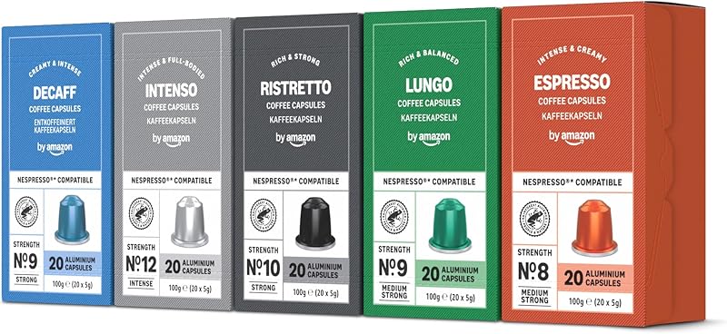 Capsules de café Paquet Varié compatibles avec Nespresso, Torréfaction Moyenne, Capsule en Aluminium, 100 Pièces, 5 lot de 20 - Certifié Rainforest Alliance