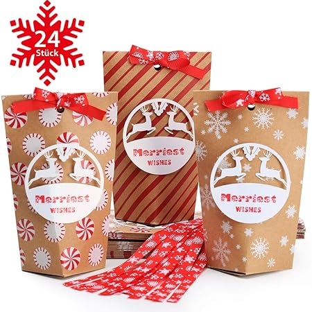 Fnova DIY Adventskalender Set zum Basteln, 24 Kraftpapiertüten, zum Basteln & Befüllen, Geschenkbeutel Weihnachten, Weihnacht