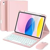 RAYMCRAFT for iPad 11th (A16)/10th Generation Keyboard Case &amp; Mouse Combo | Detachable Wireless Keyboard, 7-Color Backlight, Slim Case with Pencil Holder, USB-C Rechargeable, Light Pink