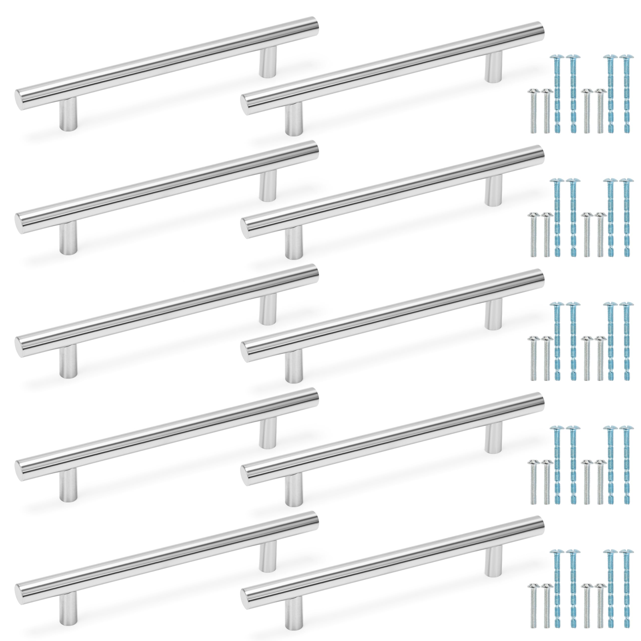 BELLE VOUS Stainless Steel Cabinet Handles (10 Pack) - 128mm Hole Centre, 190mm Length - Silver T-Bar Pull Knobs for Kitchen Drawer or Cupboard Door
