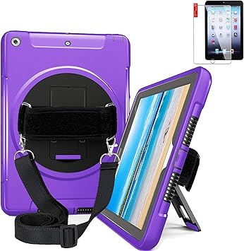 Amazon Com Newqiang Ipad Air Air 1 Case Heavy Duty 9 7 With Screen Protector Hand Strap Shoulder Strap Hardback 360 Rotatable Kickstand Shockproof A1474 A1475 Md785ll A Purple Computers Accessories