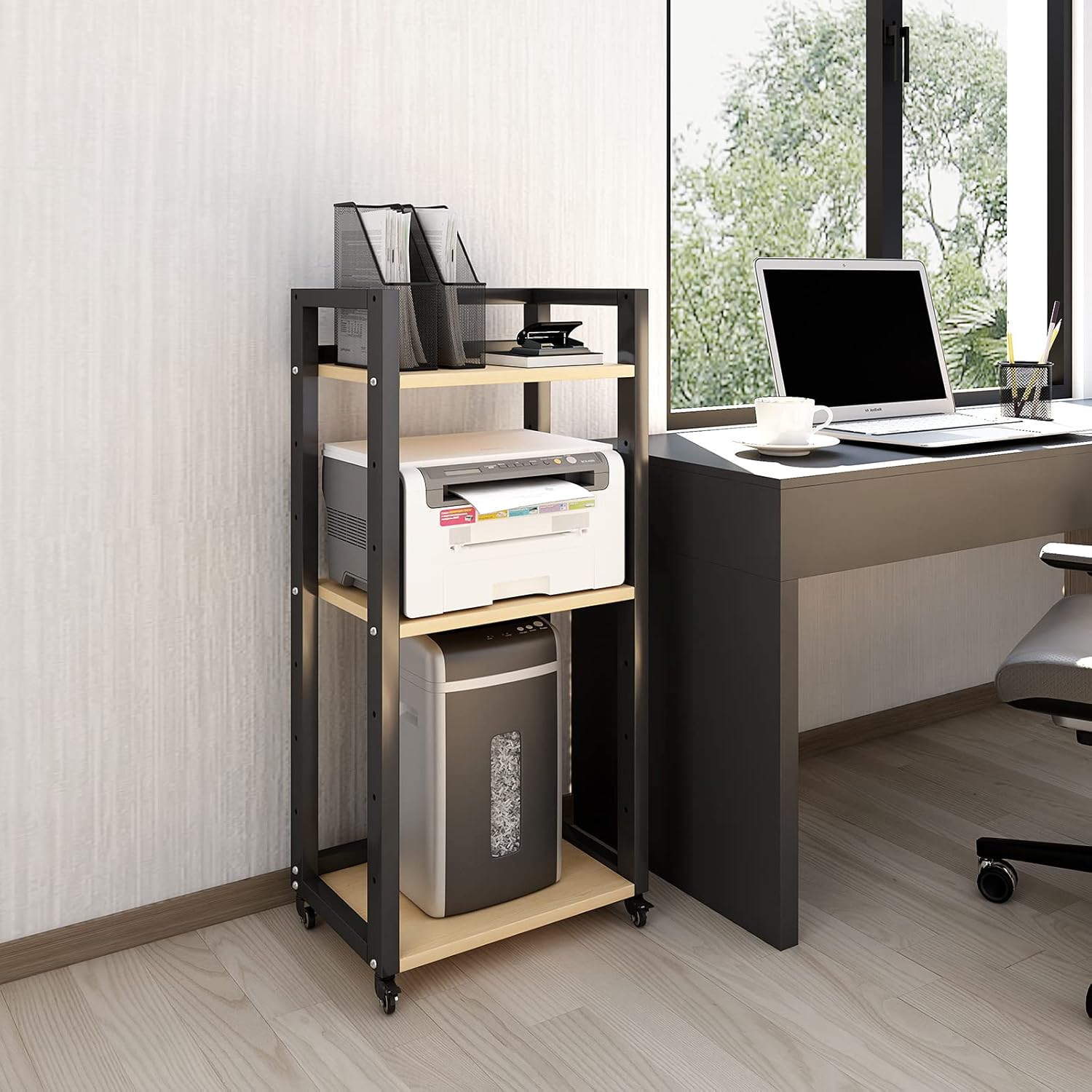Natwind 3-Tier Floor-Standing Printer Stand with Wheels Host Stand Home Office Storage Shelf Document Organizer Table Large Size Multi-Purpose Shelf for Office(Black) : Office Products
