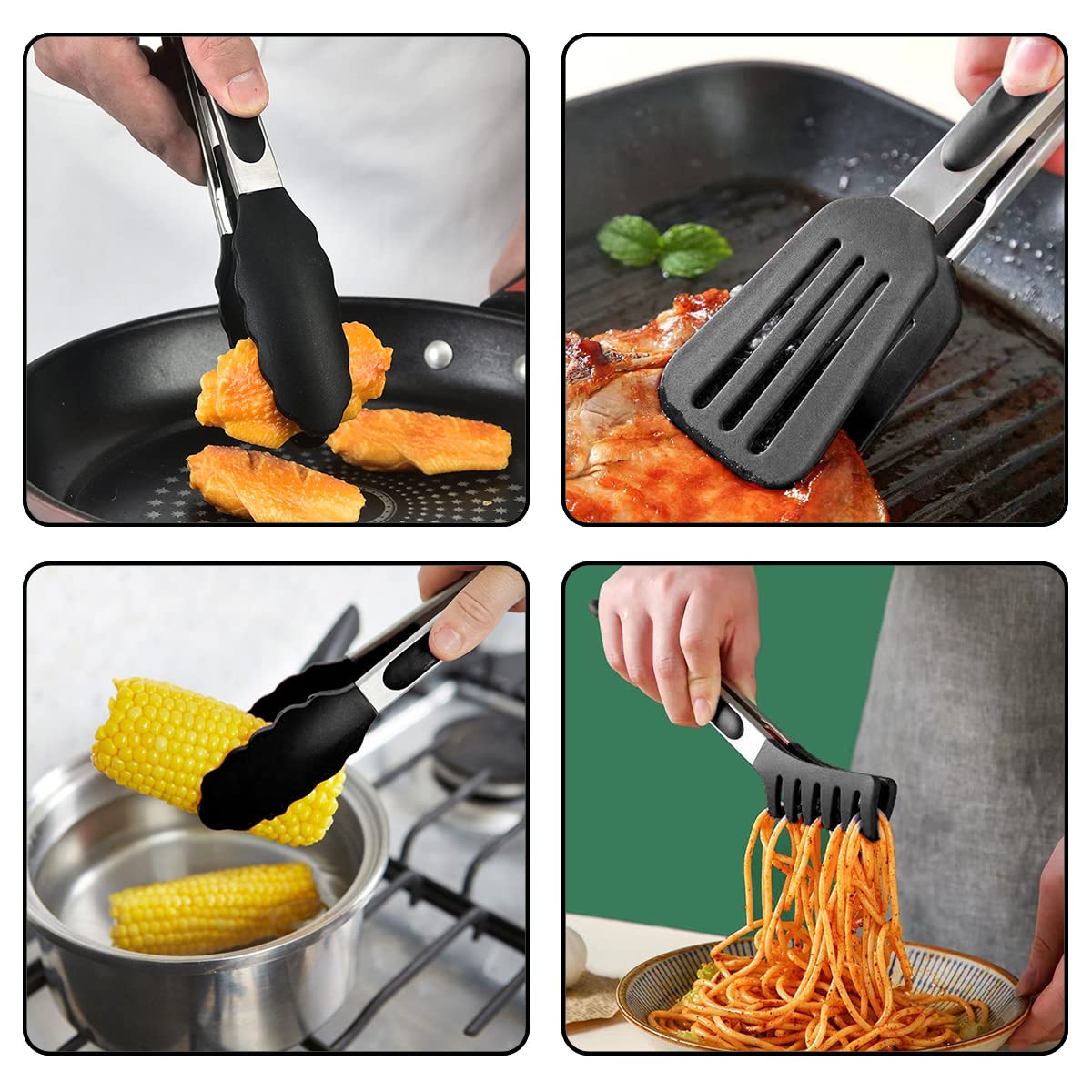 3in1 Silicone Kitchen Cooking Tongs Set, Stainless Steel Nonstick Food Tong with BPA Free Silicone Tips for Serving Spaghetti Steak Pizza Salad Vegetable Fruit Grilling BBQ Baking Buffet- (9