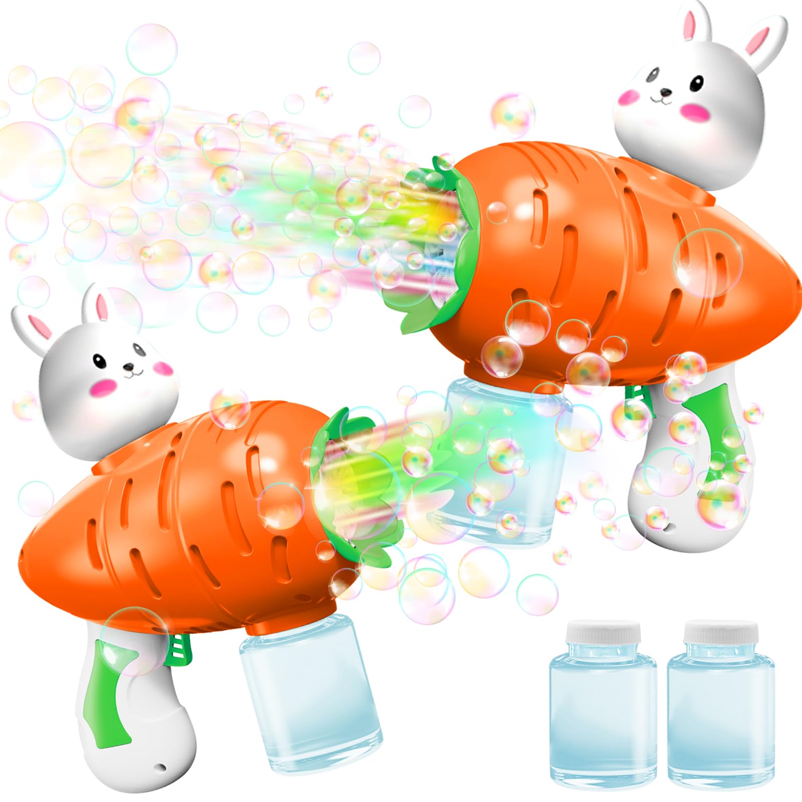 2 Pack Easter Lighted Bunny Bubbles Guns Toys for Kids Toddlers Boys Girls Easter Basket Stuffers, Light Up Bubble Blower Machine with Solution Kids Party Favors Outdoor Game Classroom Prize Gifts