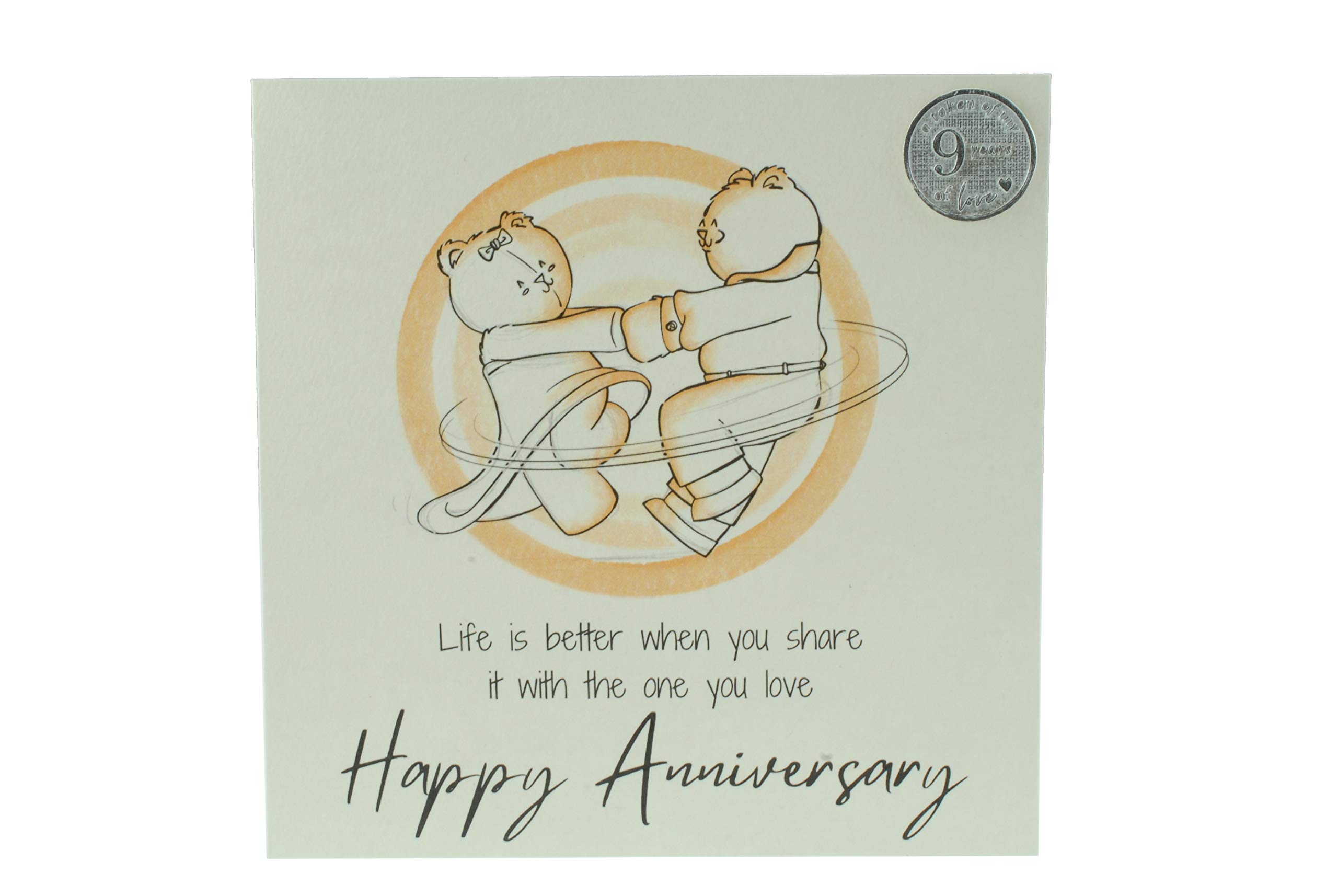 Cute 9th Wedding Anniversary Card, Dancing Bears – Free Metal 9th Anniversary Love Token Gift (gc-annidancing09)