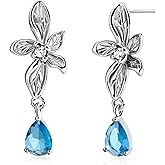 Teppdfann Silver Flower Earrings with Blue Teardrop - Aquamarine Birthstone Dangle Earrings for Women, Floral and Teardrop Design Jewelry for Gift