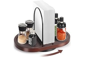 Primo Lines NP-1 Wooden Rotating Napkin Holder with Salt and Pepper Shakers, Rustic Metal Caddy Napkin Storage for Table, Kitchen Countertop, Dining Table Decor