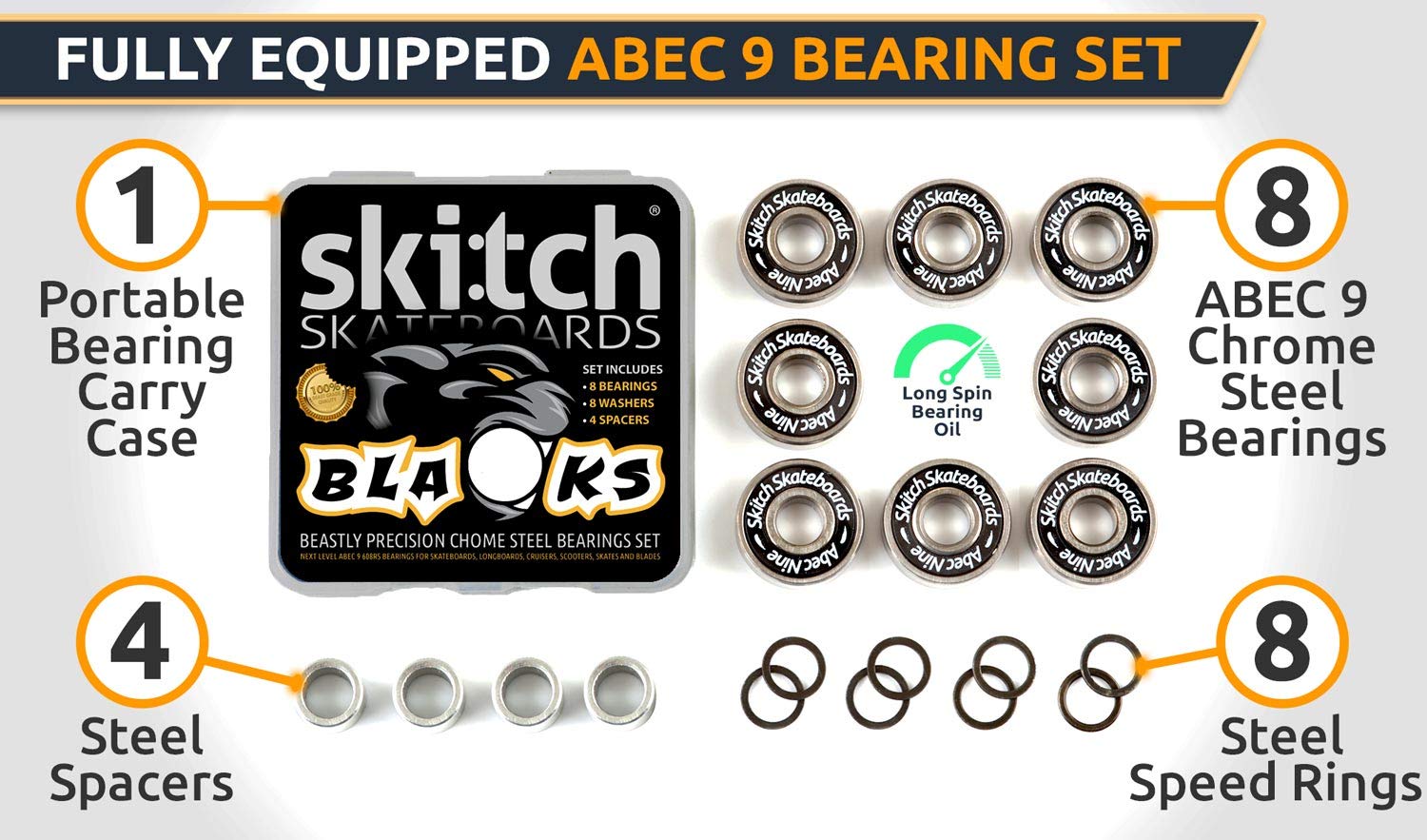 Premium Long Spin ABEC 9 Chrome Steel Bearing Kit for Longboards