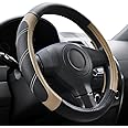 Elantrip Sport Leather Steering Wheel Cover 14 1/2 inch to 15 inch Universal, Padded Soft Grip Breathable for Car Truck SUV Jeep, Anti Slip Odorless Black and Beige