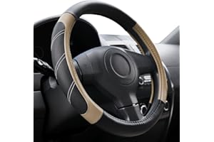 Elantrip Sport Leather Steering Wheel Cover 14 1/2 inch to 15 inch Universal, Padded Soft Grip Breathable for Car Truck SUV Jeep, Anti Slip Odorless Black and Beige