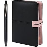Multibey A7 Refillable 6 Ring PU Leather Binder, Mini Padfolio Binder Notebook Cover for A7 Filler Paper, Loose Leaf Personal Planner Cover with Zip Wallet Bag and Pen, a7 Budget Binder (Black)