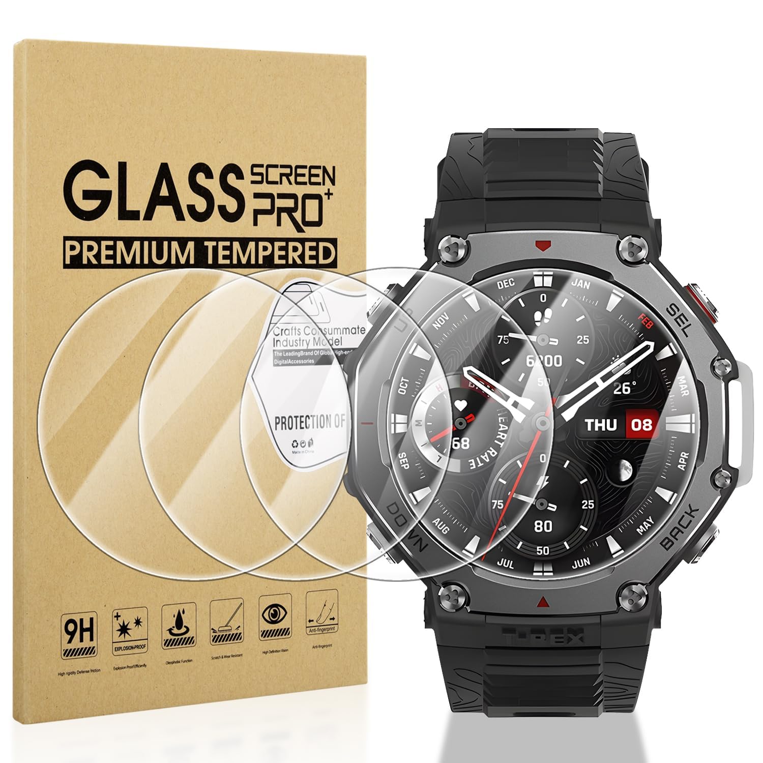 Diruite 4-Packs Tempered Glass for Amazfit T-Rex 3 Screen Protector,HD Scratch-Resistant Tempered Glass Screen Protector Cover