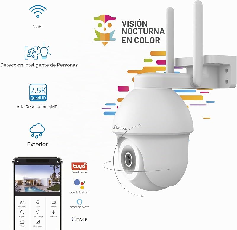- Cámara PTZ WiFi 2.4Ghz Half4K 2560x1440, Visión Nocturna a Color, Detección de Movimiento y Humanos, Compatible con Alexa y Google Home, Control App Tuya, Imagen Super HD 2.5k — foto 8 de 8