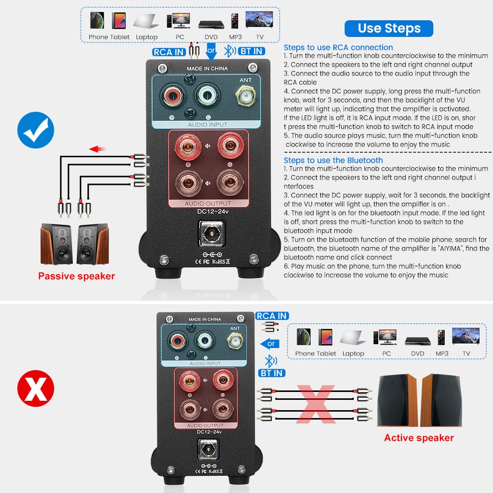 AIYIMA A02 Bluetooth 5.0 100W * 2 Power Amplifier 2.0 Channel Stereo HiFi Home Audio Digital Amp with VU Meter