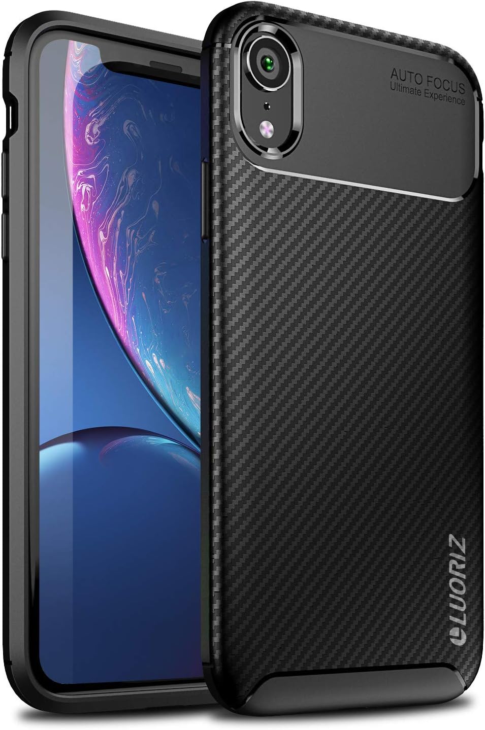 LUORIZ iPhone Xr Case, Premium Soft Flexible TPU Silicone Gel [Carbon Fiber Texture Design Upgrade] Slim Bumper Case Cover [Anti-Scratch] [Anti-Slip] for iPhone Xr (2018) 6.1 inch - Black