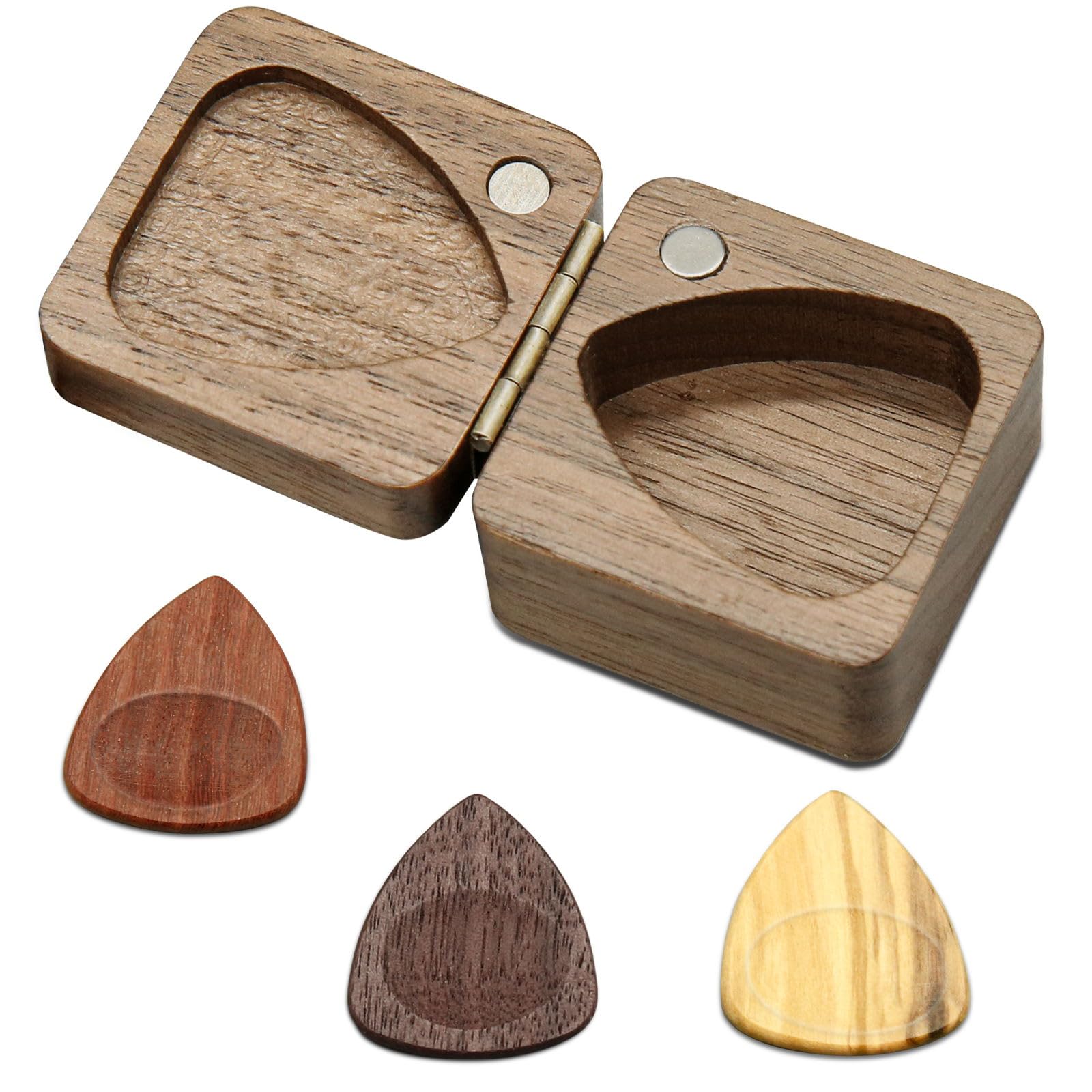 Wood Guitar Picks with Pick Box Personalized Picks Holder, for Boyfriend Coworker Son Husband, Guitar and Bass Accessories(1Pick Holder & 3 Picks)