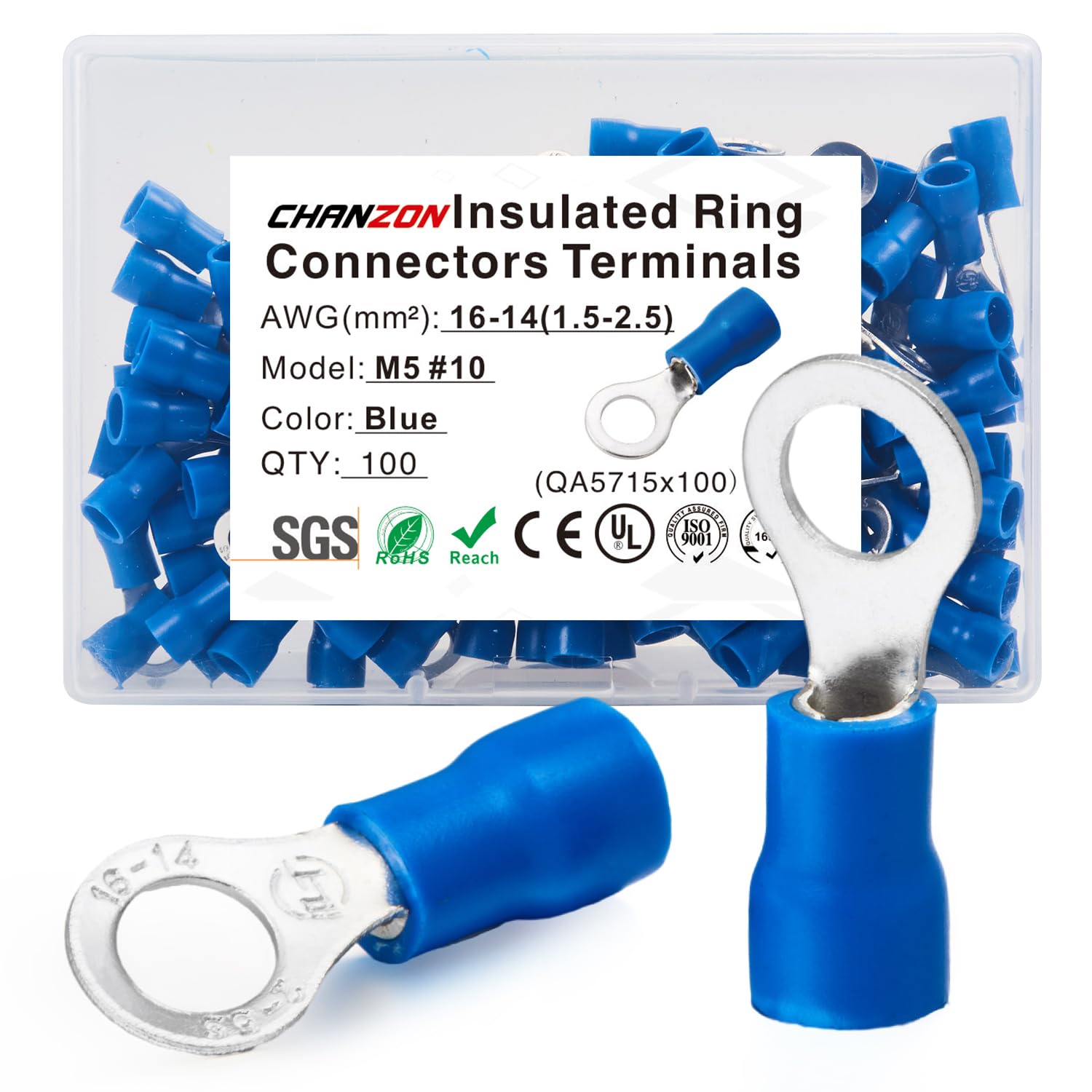 Photo 1 of Chanzon 100pcs Blue Ring Terminals - #10 M5 - UL Listed Insulated PVC Eyelet Wire Connector 16-14AWG Gauge Electrical Crimp Connector for Boat Truck Stereo Car