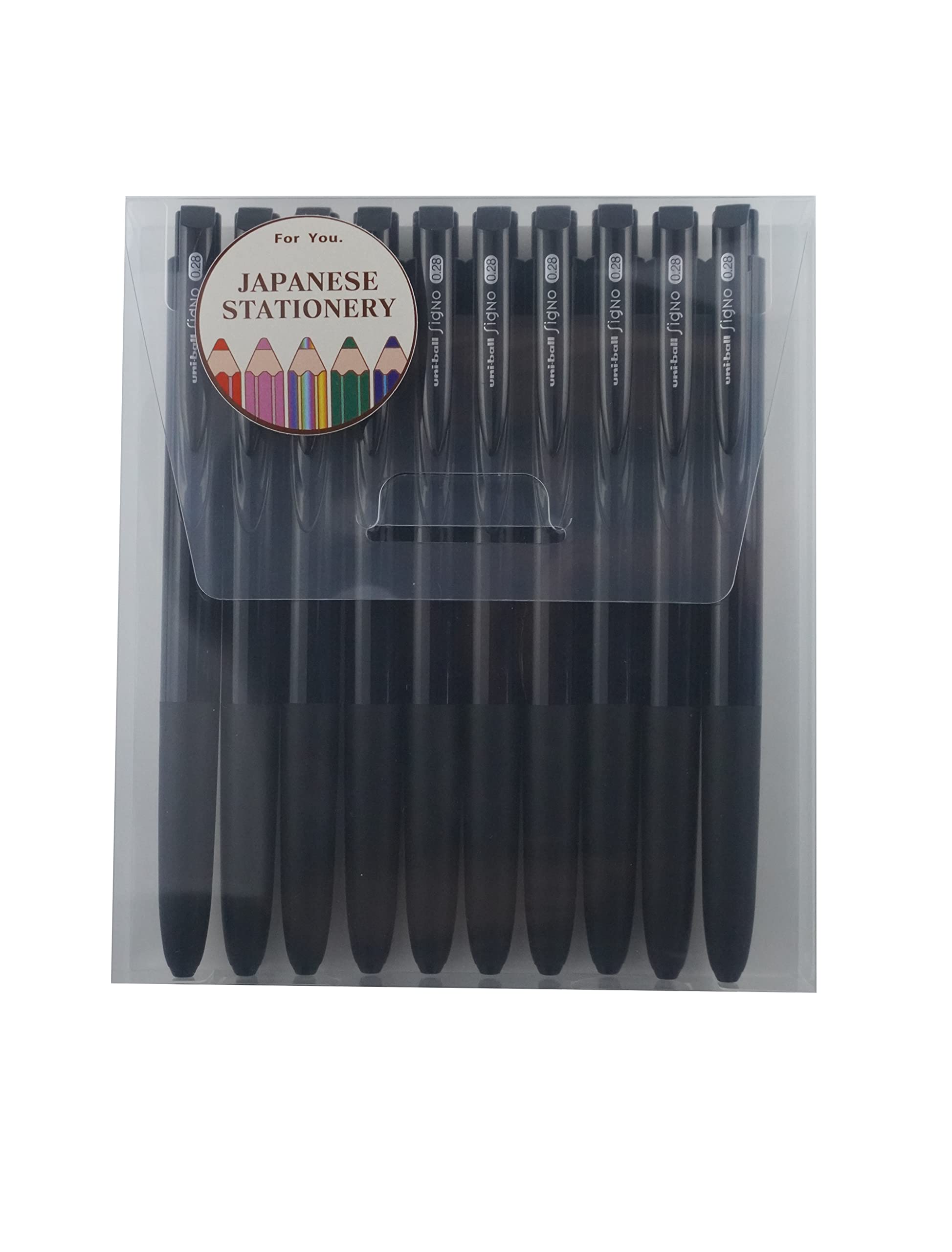 Uni-ball RT1, Retractable Gel Ink Pen,0.28mm, Black Ink,10 Pcs with MIYABI Stationery Store Original Pen Case Set(UMN-155-28x10)