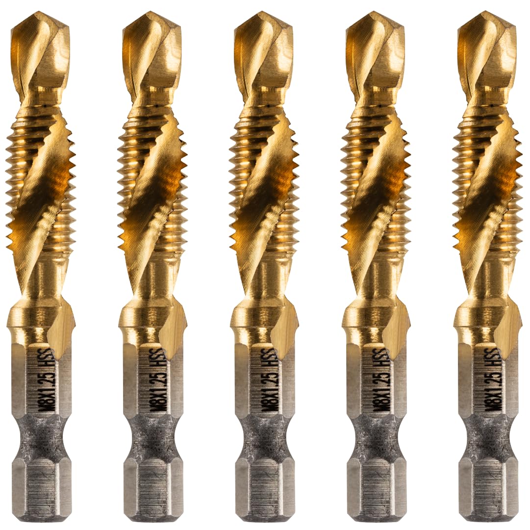 Rennie Tools - Pack Of 5 - M8 x 1.25 Combination Drill and Tap Bit, 1/4" Hex Shank. Metric Coarse Titanium Coated HSS Spiral Flute Drilling Tapping Tool. 8mm x 1.25mm Pitch Drill Bit.