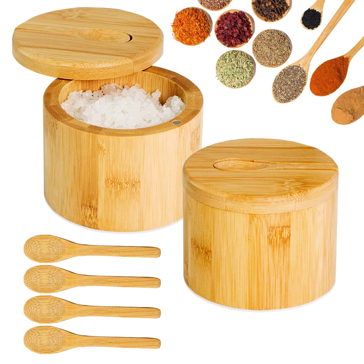 XingyLi 2Pcs Bamboo Salt Boxes, Round Salt and Spice Storage Box with Magnetic Swivel Lid and 6 Spoons, Pepper Spice Containers, Seasoning Pot Bowl Jars for Kitchen Sea Salt Herb Sugar Tea Caddy