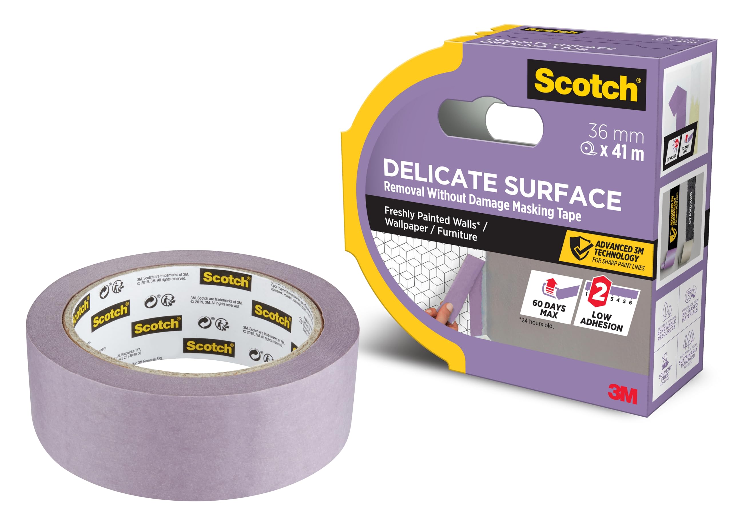 ScotchBlue Delicate Surface Advanced Masking Tape (36 mm x 41 m), Painter’s Tape for Clean Sharp Paint Lines, Indoor Painting and Decorating, for Wallpaper and Furniture, 100% PEFC