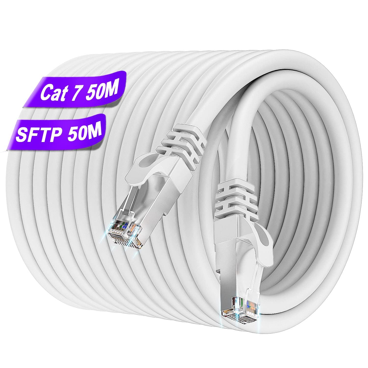Ethernet Cable 50m Cat 7, White Internet Cable Shielded SFTP 50 meter Lan Cable Indoor Long Network Cables High Speed 10Gbps 600MHz RJ45 Cables 50m Weatherproof Gigabit Patch Cables for Router Modem — image 1