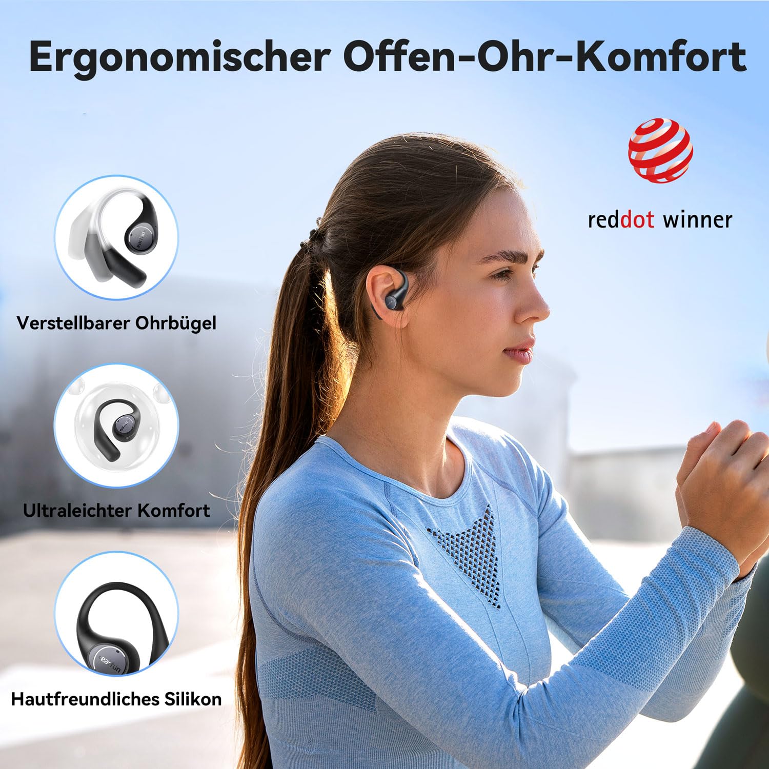 EarFun OpenJump Bluetooth Open-Ear Kopfhörer, Hi-Res Audio, LDAC, Theatermodus, anpassbare Ohrbügel, 42 Std Akku, Kabelloses Laden, IPX7 Sportkopfhörer, Klare Anrufe mit KI, Spielmodus, Multipoint 2