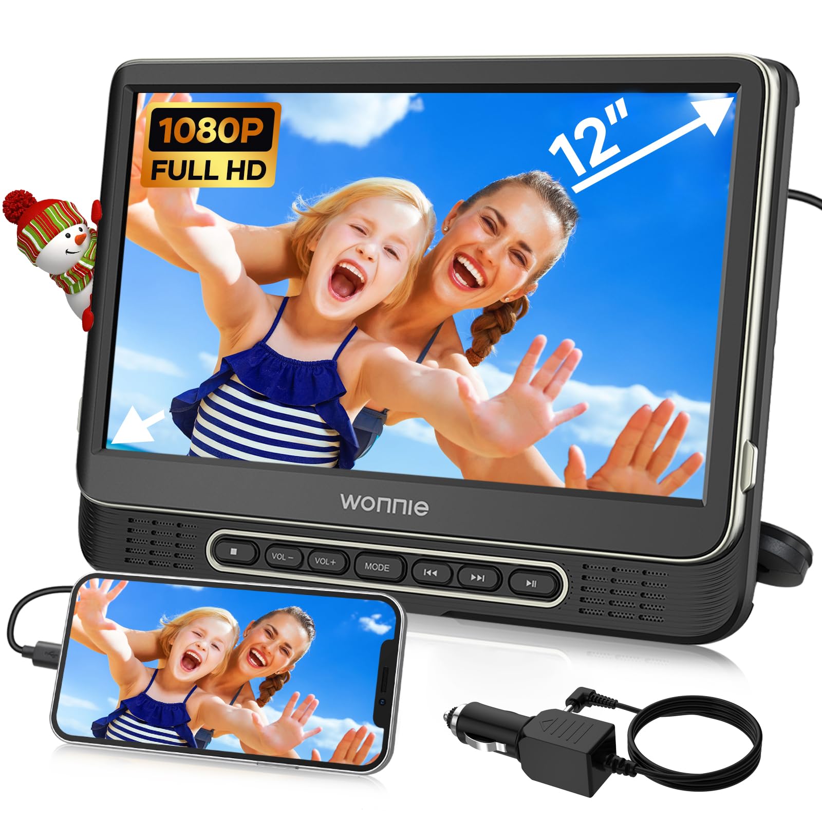 Photo 1 of *****************MISSING CAR CHARGER****************
Car DVD Player, WONNIE 12" Portable DVD Player with Headrest Mount, Support 1080P/MP4 Video, HDMI Input/Output, AV Out, AC Adapter, Car Charger, USB Card Reader, Last Memory, All Regions